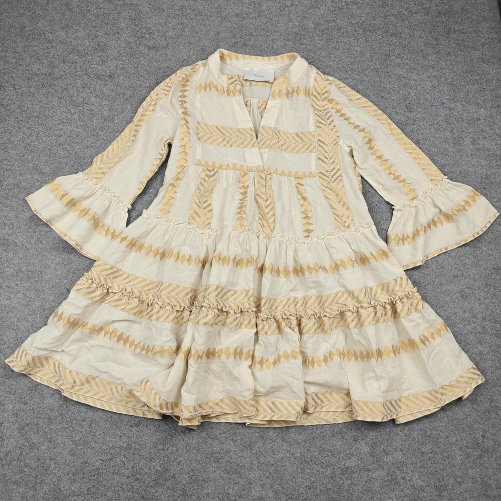 Kasia Dress Womens M White Chevron Embroidered‎ Boho Trapeze Swing Mini Tiered